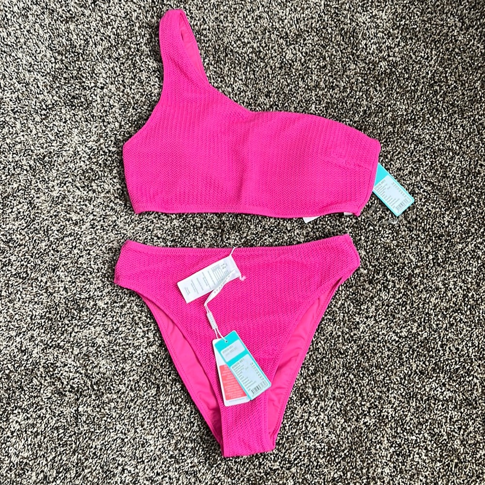 Seafolly x Revolve Seadive Fuschia One Shoulder Top & High Rise Bottom, NWT